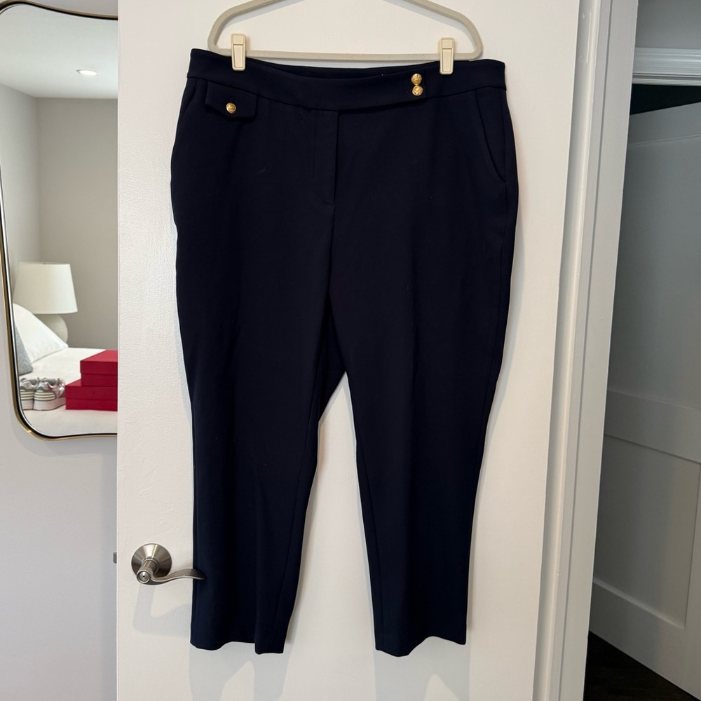 Veronica Beard Renzo Navy Crest Button Pants with Gold Accent